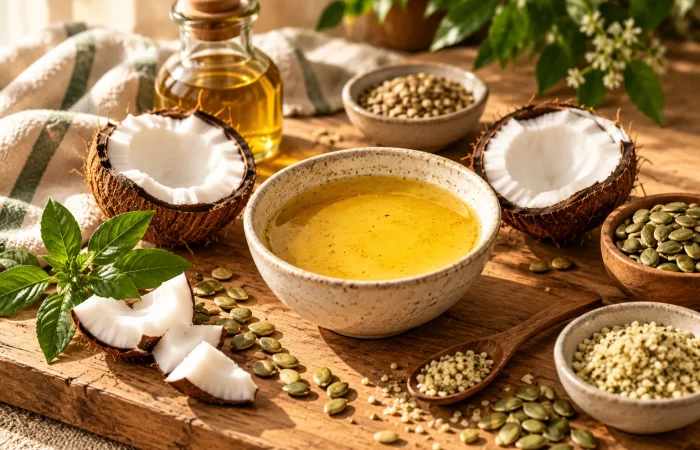 Rustic Coconut Oil and Seed Still Life